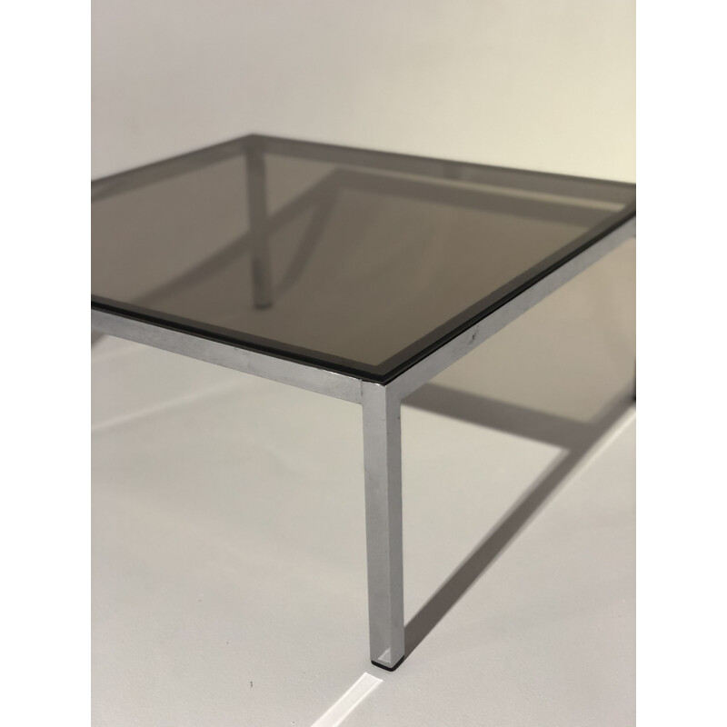 Table basse vintage carée en aluminium chromé  verre fumé 1970 