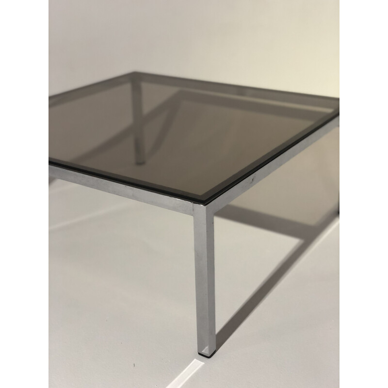 Vintage square chromed aluminium coffee table with smoked glass 1970 