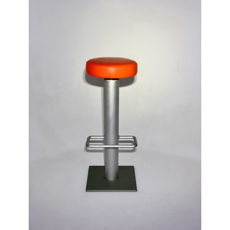 Vintage chrome-plated aluminium stool with orange plastic seat 1990 - SOCA 