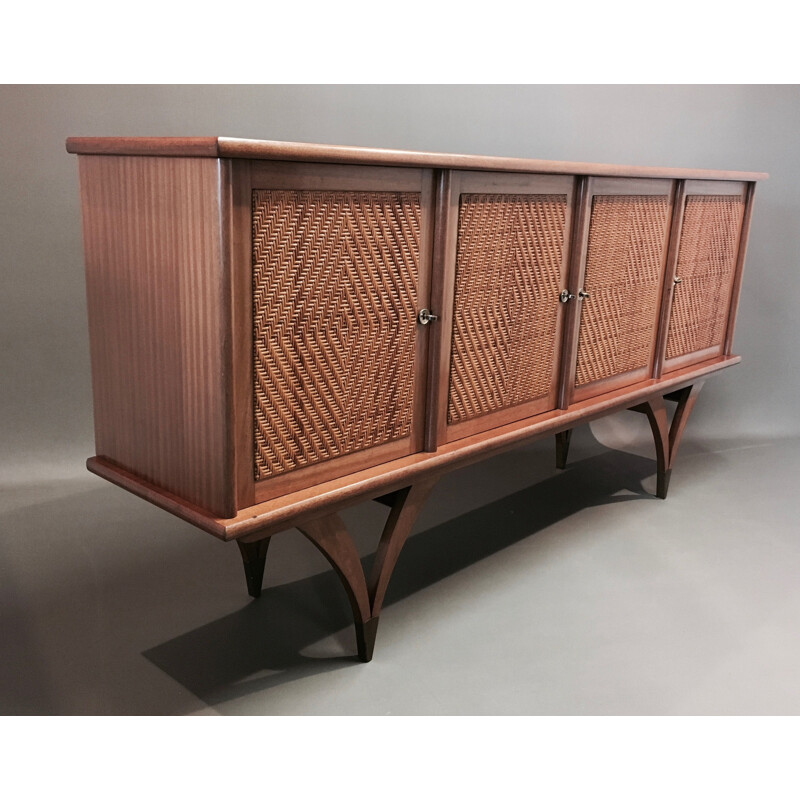 Scandinavian design vintage teak and rattan sideboard 1950's