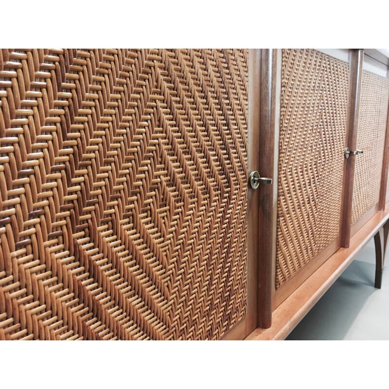 Scandinavian design vintage teak and rattan sideboard 1950's