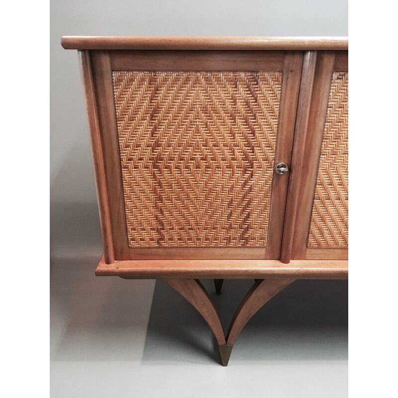 Scandinavian design vintage teak and rattan sideboard 1950's