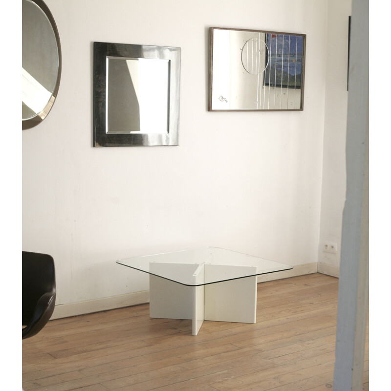 Vintage coffee table in lacquered wood and glass top, France 1980