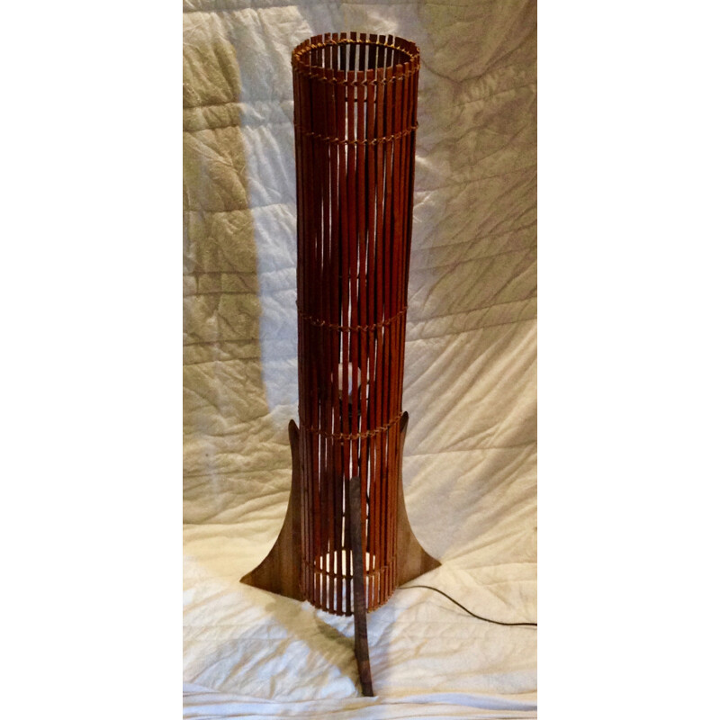 Vintage wooden floor lamp rattan metal structure 1950