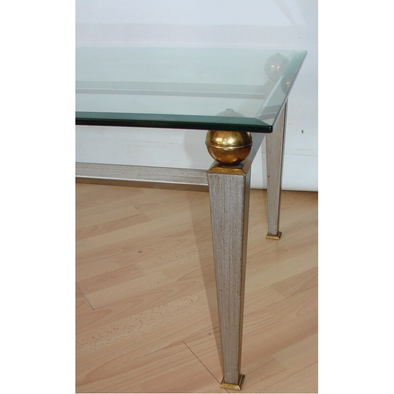 Vintage Art Deco coffee table in metal, brass and thick glass, 1980