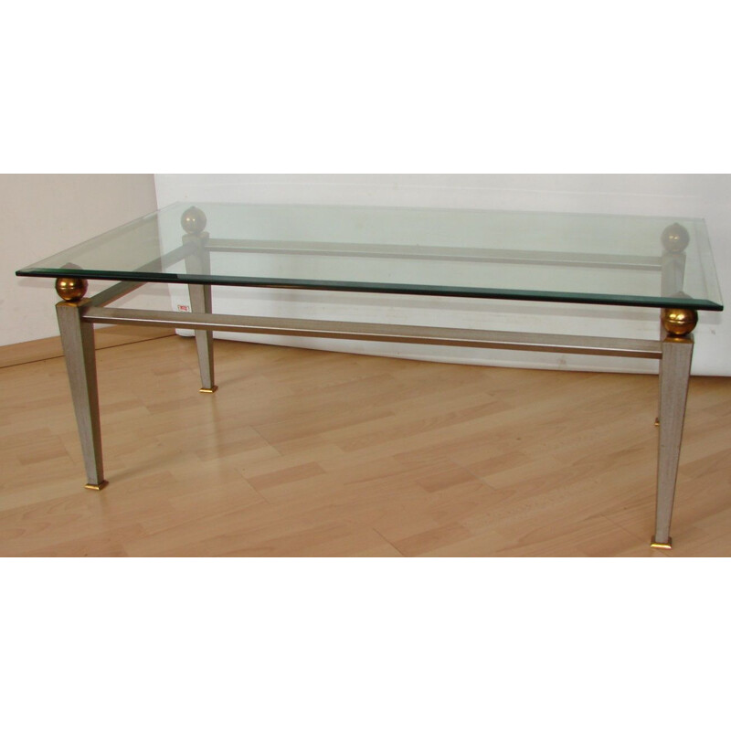 Vintage Art Deco coffee table in metal, brass and thick glass, 1980