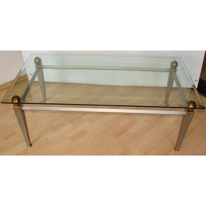 Vintage Art Deco coffee table in metal, brass and thick glass, 1980