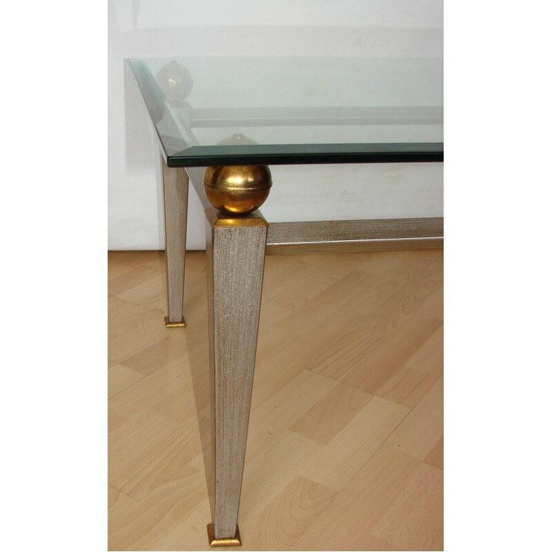 Vintage Art Deco coffee table in metal, brass and thick glass, 1980