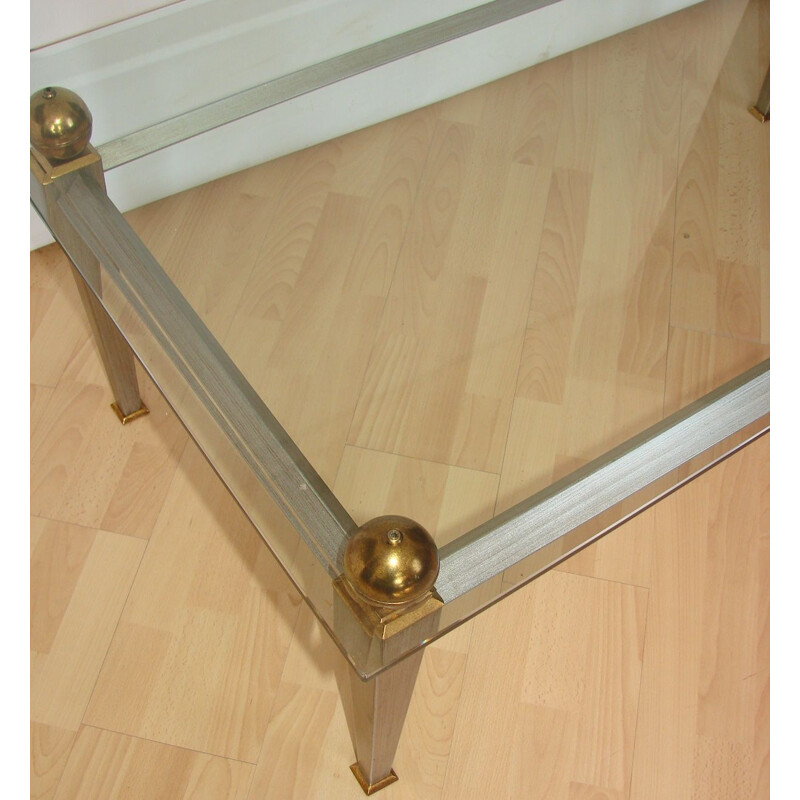 Vintage Art Deco coffee table in metal, brass and thick glass, 1980