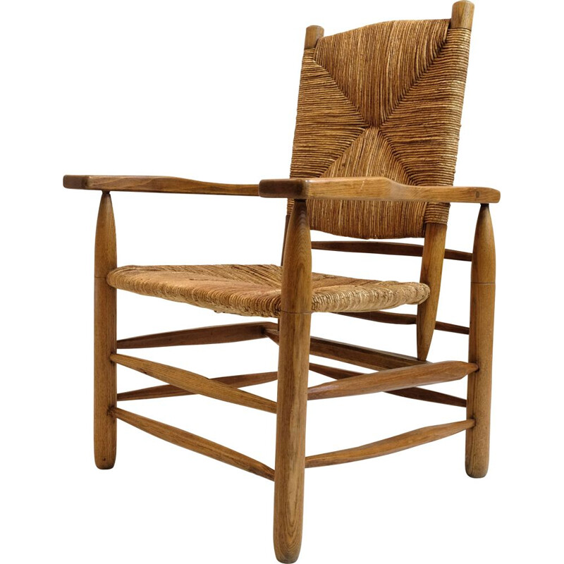 Fauteuil vintage paillé bois massif  Pierre Jeanneret, 1945