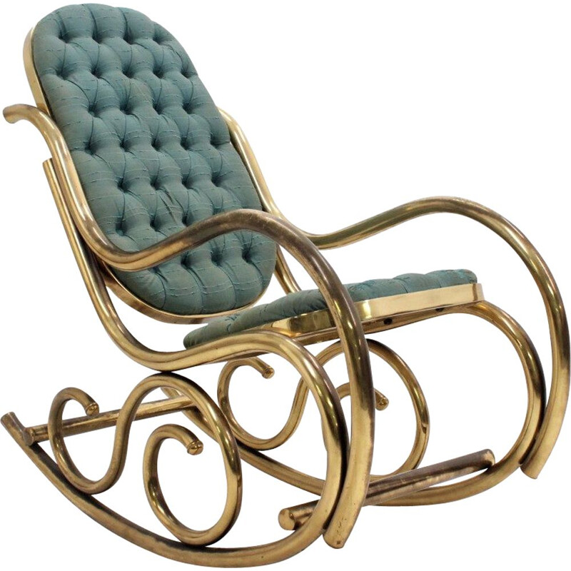Vintage satin upholstered brass Rocking Chair by Thonet, 1940