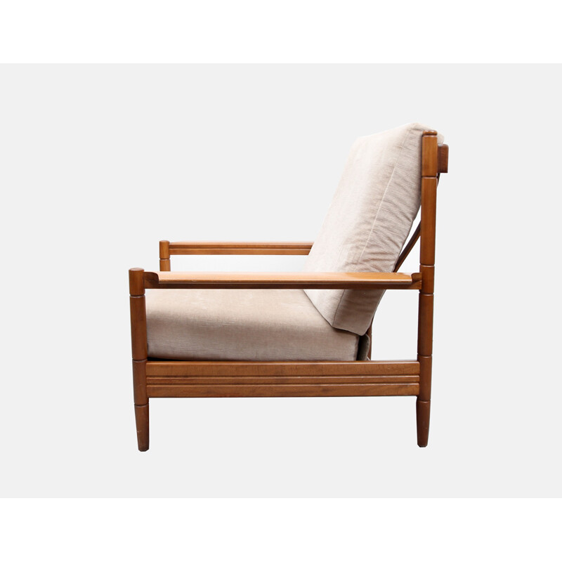 Vintage armchair in beige velvet and solid walnut - 1960s