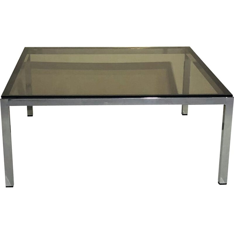 Vintage square chromed aluminium coffee table with smoked glass 1970 