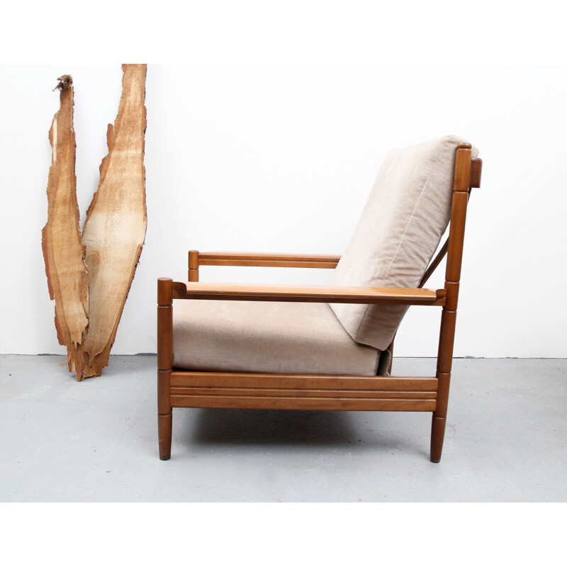 Vintage armchair in beige velvet and solid walnut - 1960s