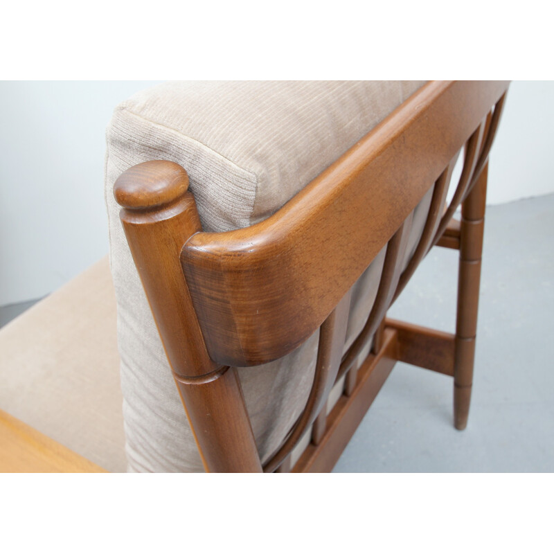 Vintage armchair in beige velvet and solid walnut - 1960s