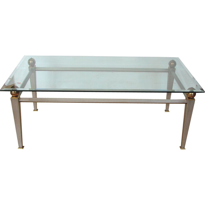 Vintage Art Deco coffee table in metal, brass and thick glass, 1980