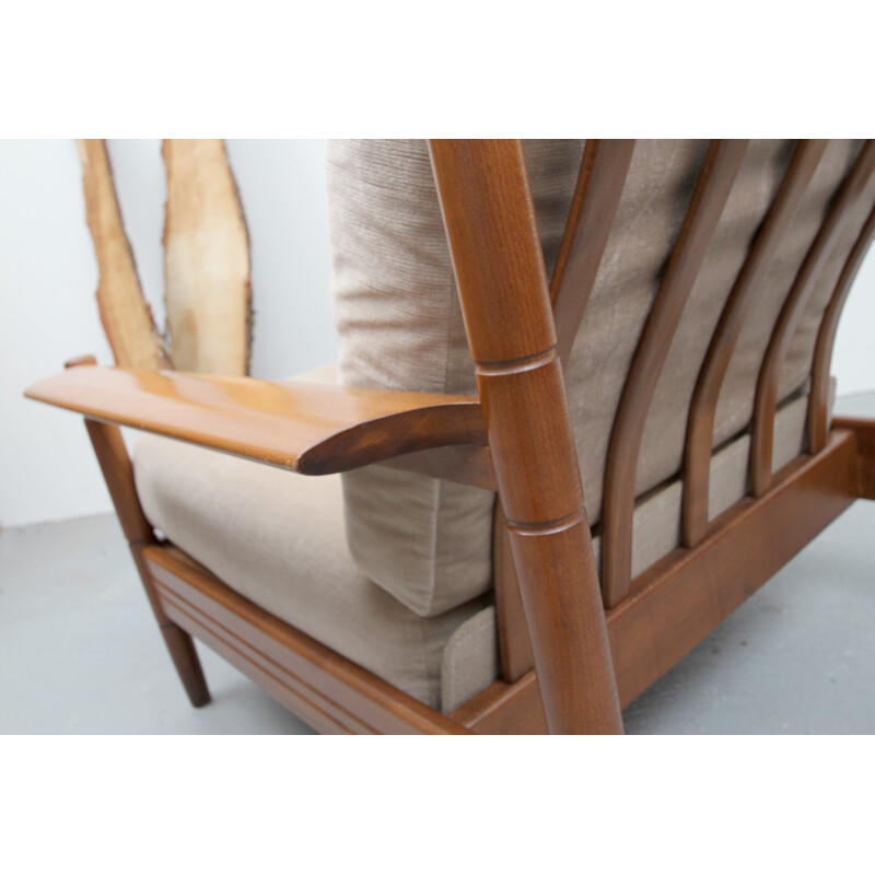 Vintage armchair in beige velvet and solid walnut - 1960s