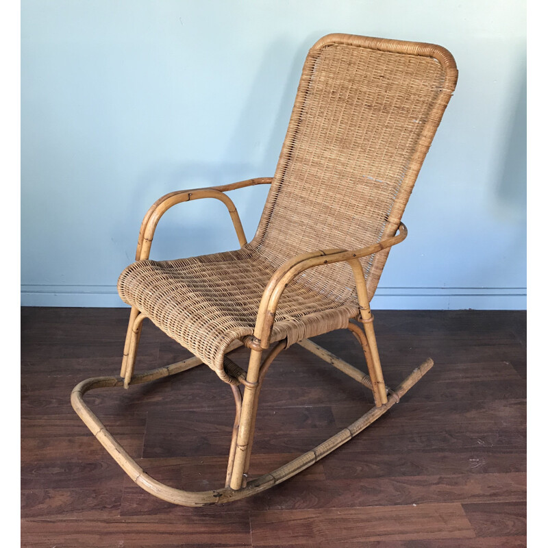 Rocking-chair vintage en osier et rotin, 1950