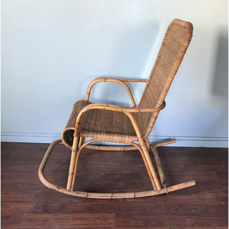 Vintage rocking chair in wicker and rattan, 1950