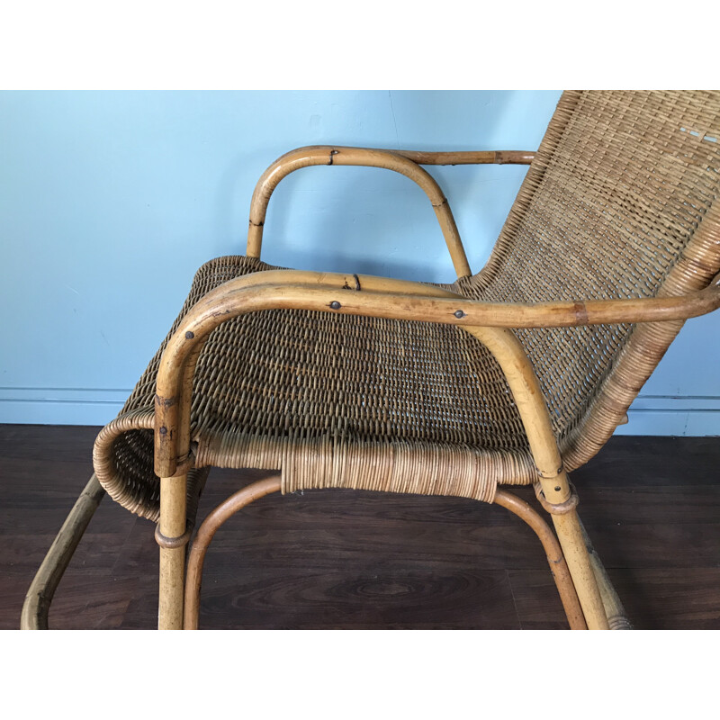 Vintage rocking chair in wicker and rattan, 1950