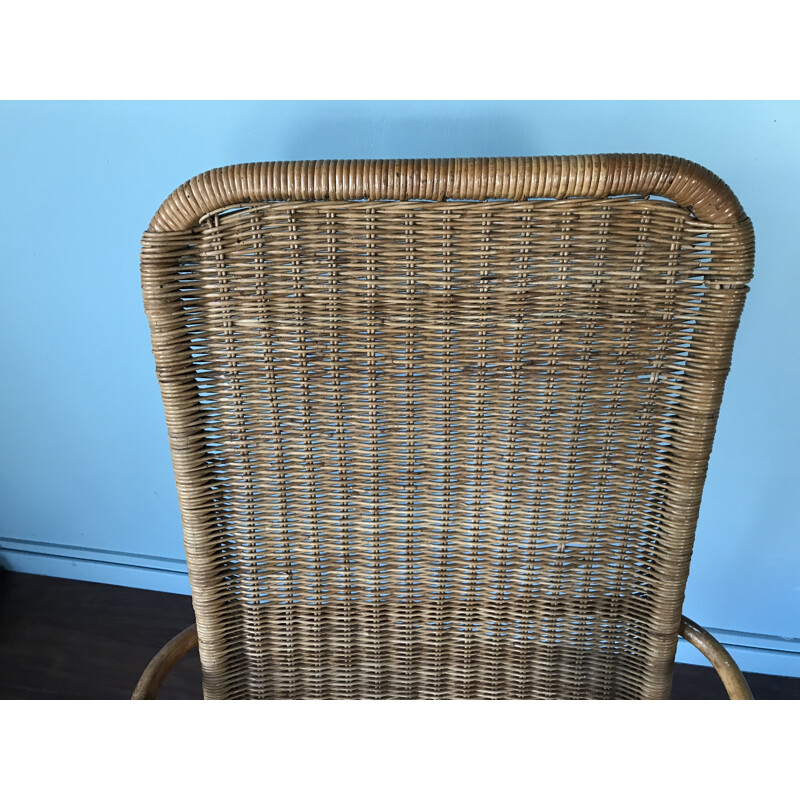 Vintage rocking chair in wicker and rattan, 1950
