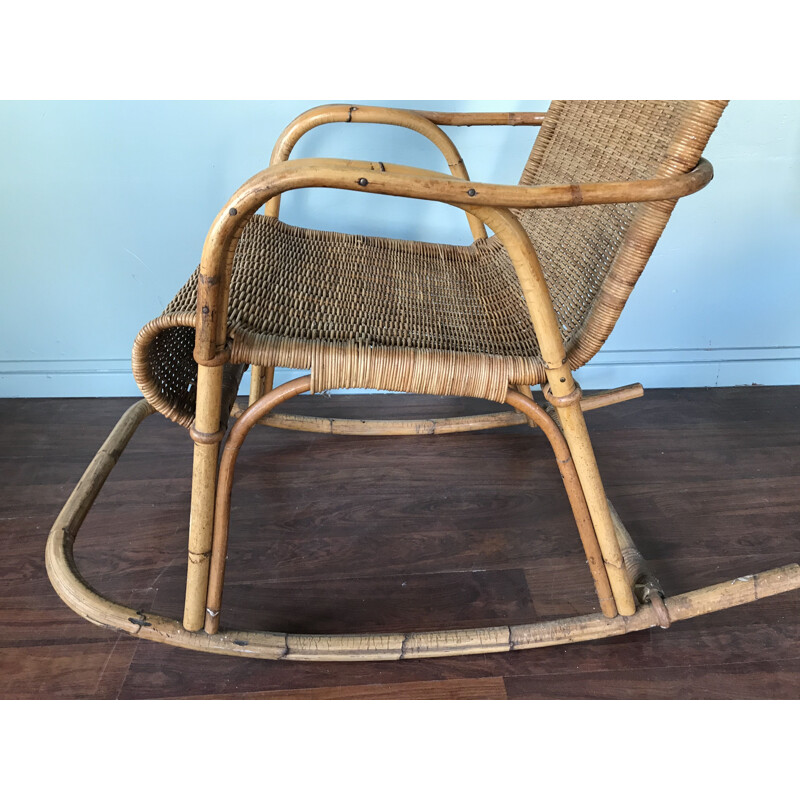 Rocking-chair vintage en osier et rotin, 1950