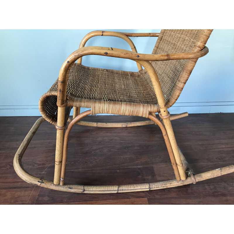 Vintage rocking chair in wicker and rattan, 1950