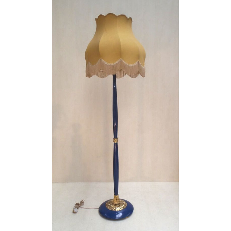 Vintage carved blue lacquered wood floor lamp, 1925