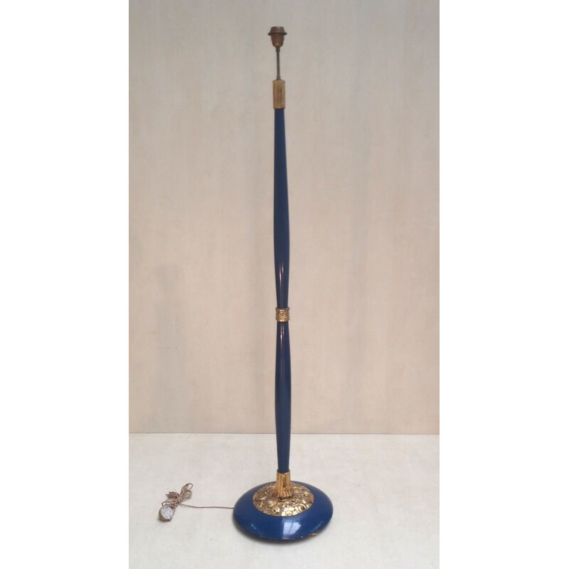 Lámpara de pie vintage de madera lacada azul tallada, 1925