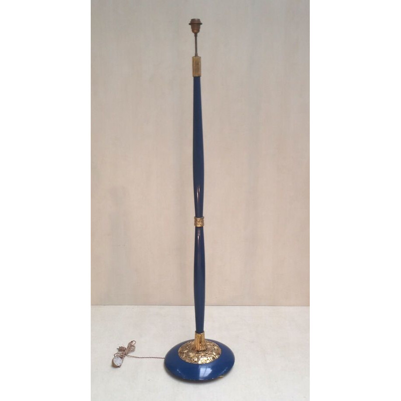 Vintage carved blue lacquered wood floor lamp, 1925