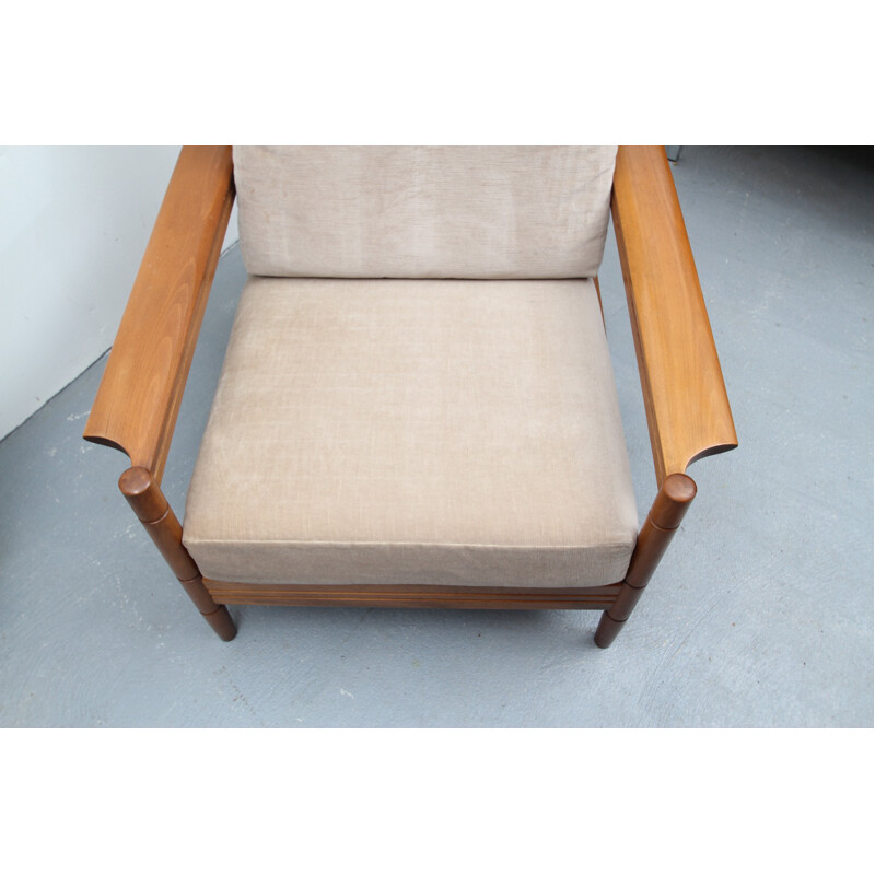 Fauteuil vintage en velours beige et noyer massif  - 1960