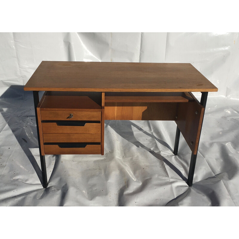 Vintage oak desk blackened wood legs 1950