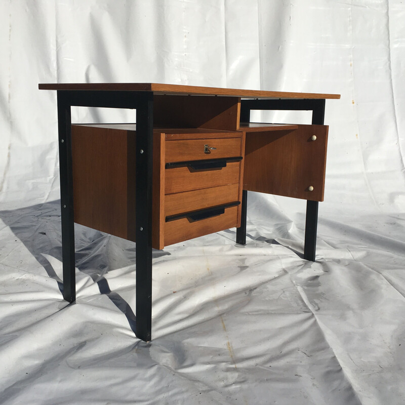 Vintage oak desk blackened wood legs 1950