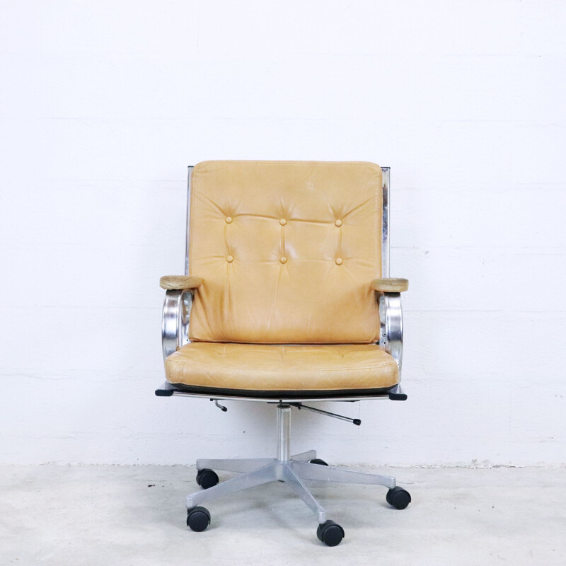 Vintage metal and leather office armchair, Sweden, 1970