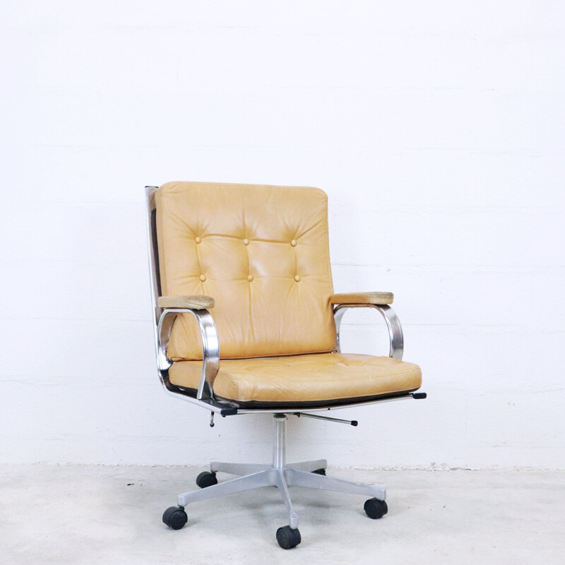 Vintage metal and leather office armchair, Sweden, 1970