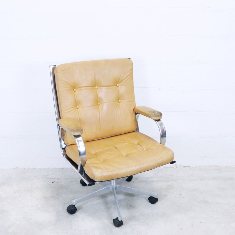 Vintage metal and leather office armchair, Sweden, 1970