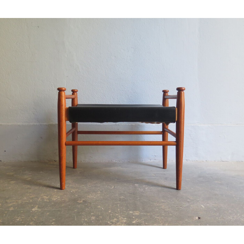 Teak and black leather danish vintage foot stool 1950