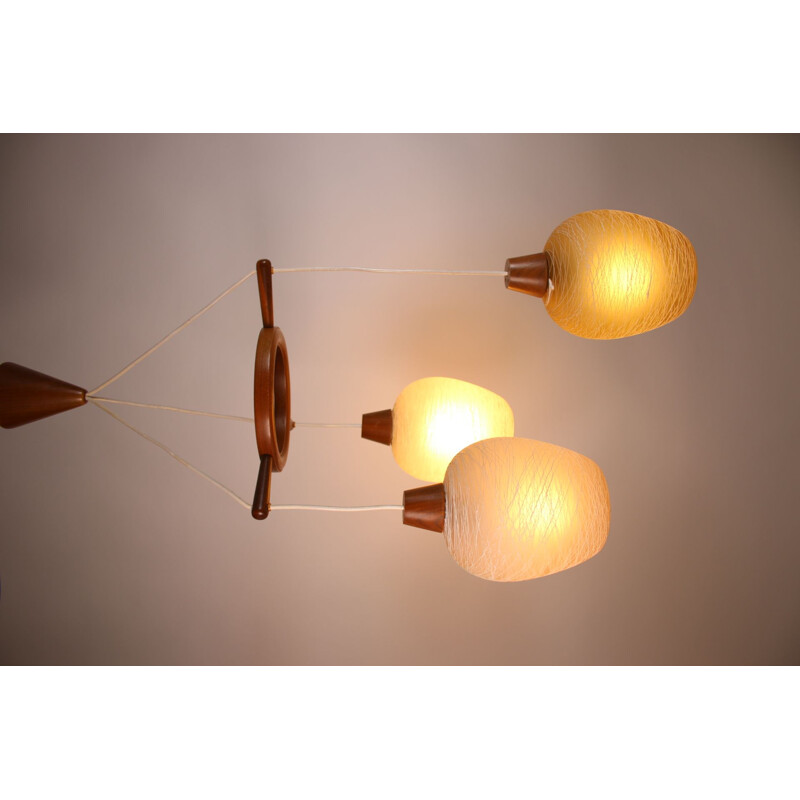 Lampada a sospensione vintage in teak con 3 sfere di vetro colorate scandinave