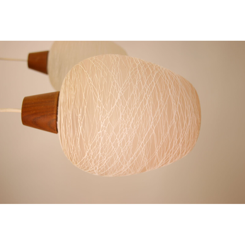 Lampada a sospensione vintage in teak con 3 sfere di vetro colorate scandinave