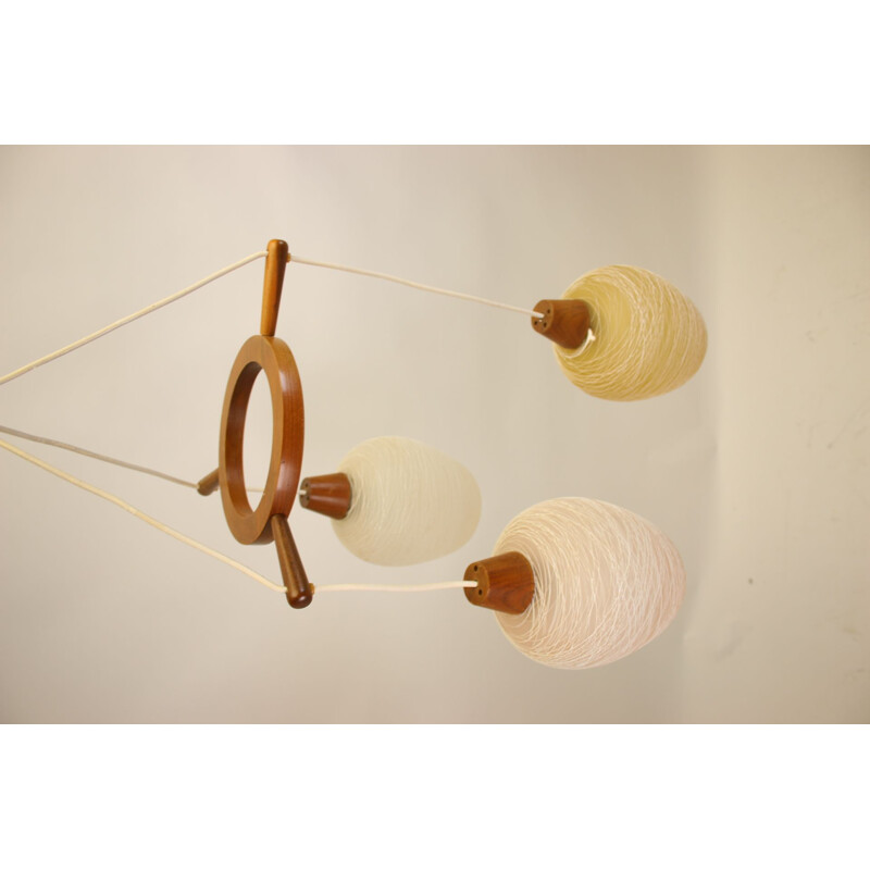 Lampada a sospensione vintage in teak con 3 sfere di vetro colorate scandinave