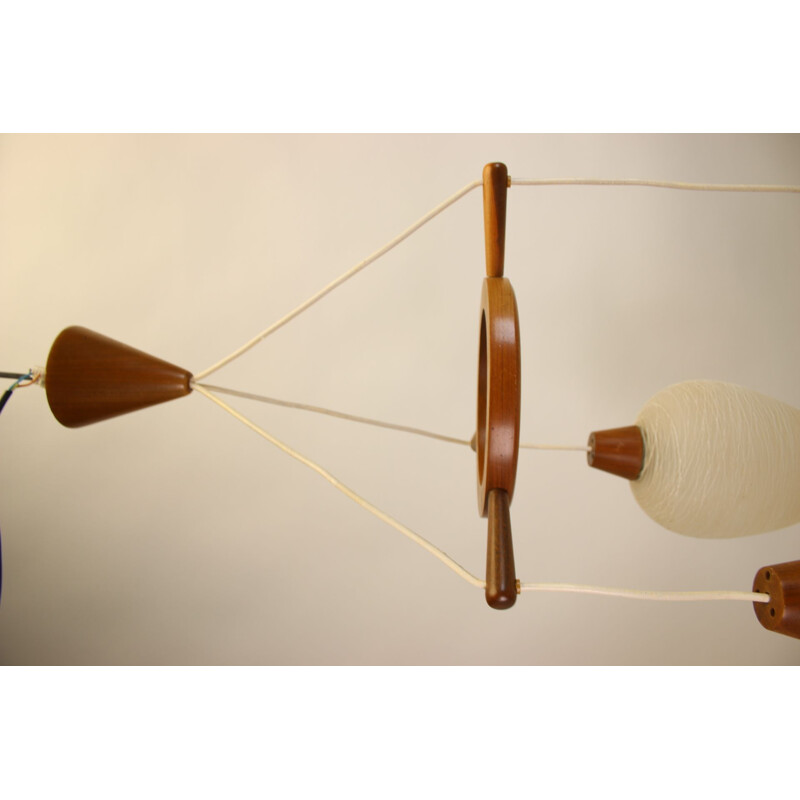 Lampada a sospensione vintage in teak con 3 sfere di vetro colorate scandinave