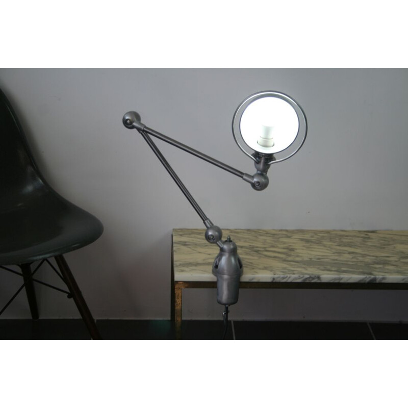 Vintage Jieldé desk lamp 2 arms with vice base, Jean Louis Domecq industrial