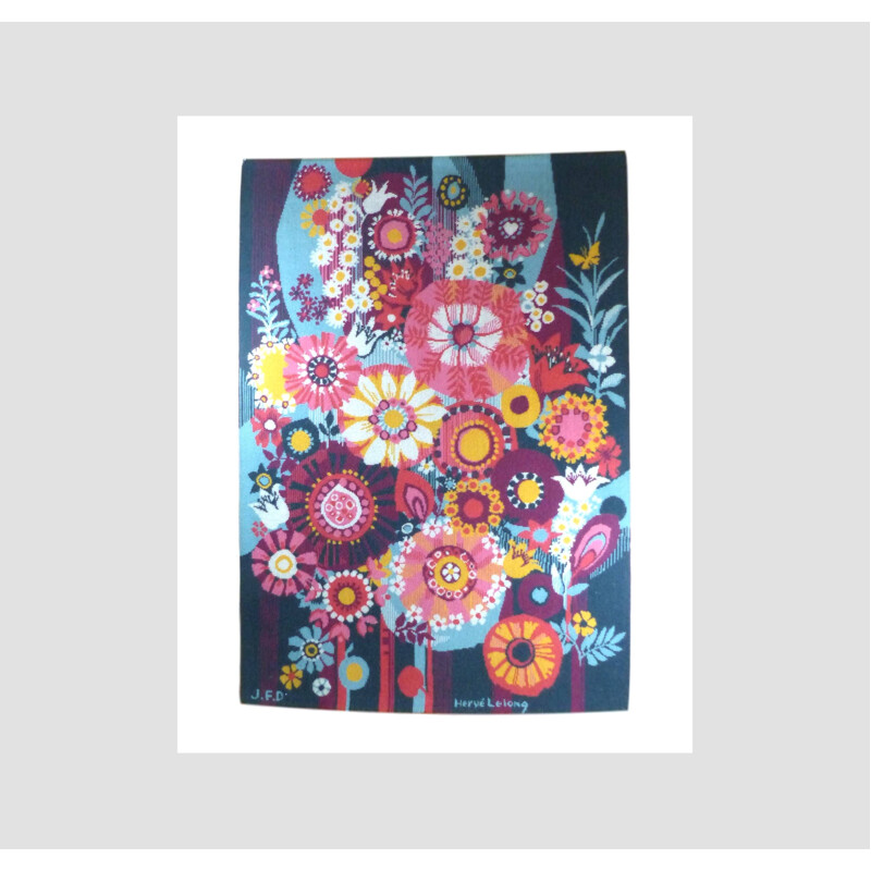 Vintage Hervé Lelong tapestry with flowers signed 1970 