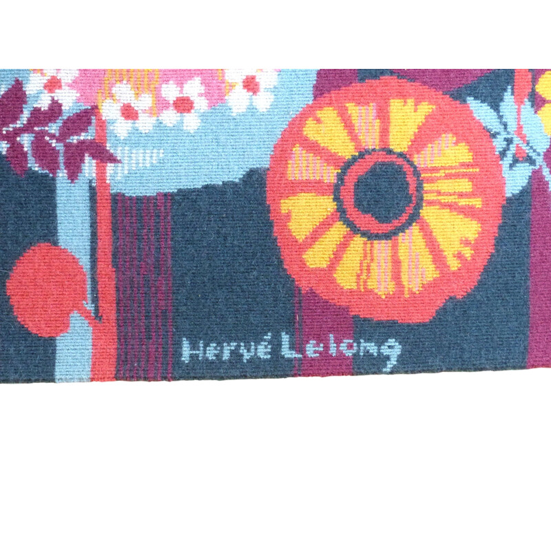 Vintage Hervé Lelong tapestry with flowers signed 1970 