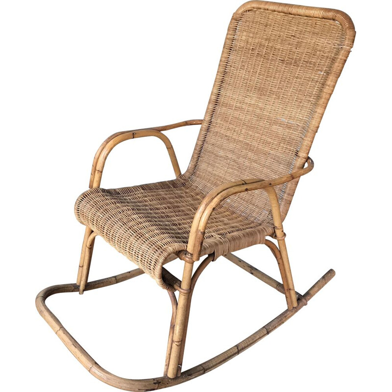 Rocking-chair vintage en osier et rotin, 1950