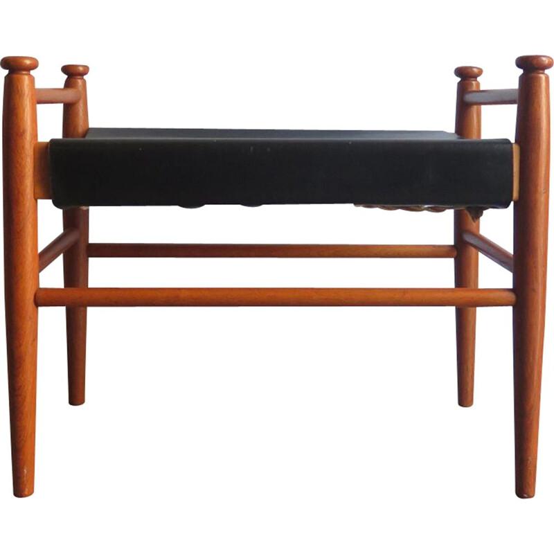 Teak and black leather danish vintage foot stool 1950