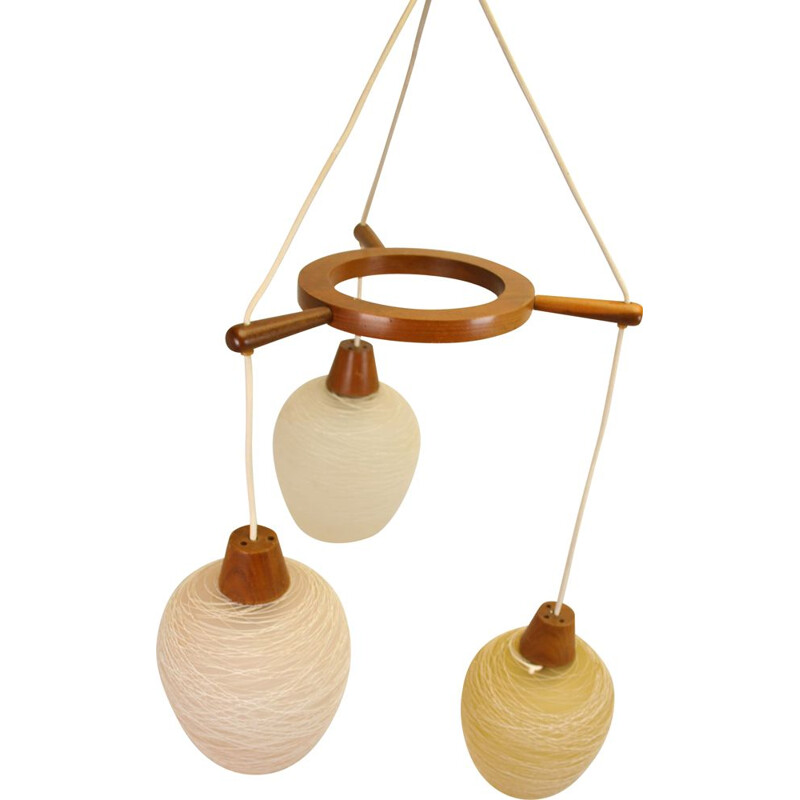Vintage teakhouten hanglamp met 3 Scandinavisch gekleurde glazen bollen