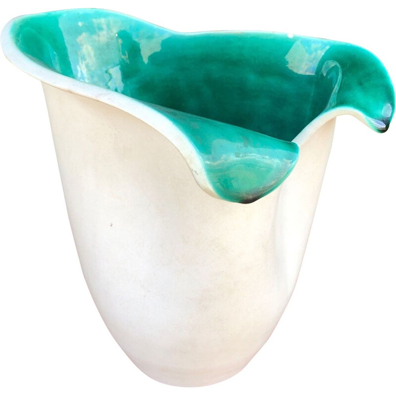 Vase vintage en céramique vert et blanc par Elchinger, 1950