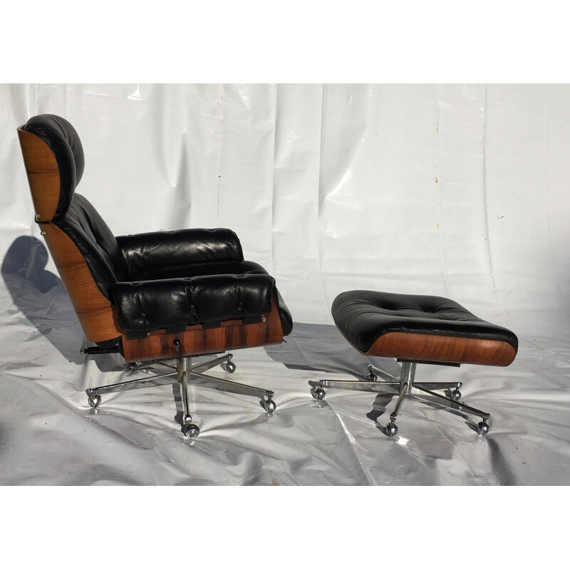 Vintage leather and rosewood armchair and ottoman 1960
