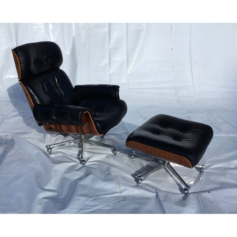 Fauteuil et ottoman vintage cuir et palissandre 1960